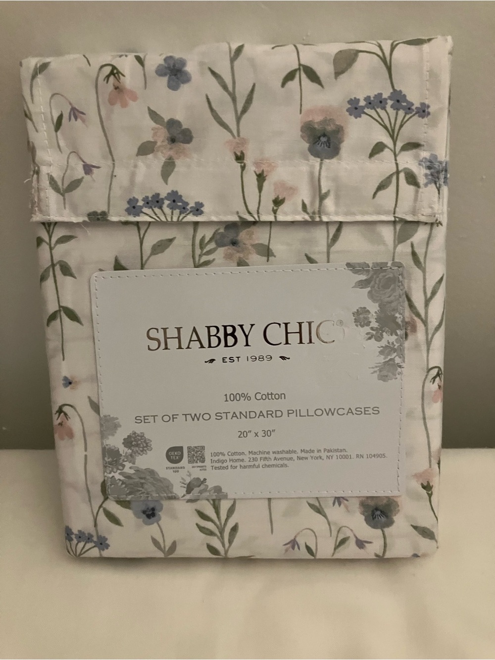 Shabby Chic Floral Cotton Pillowcases - White with Blue & Green Floral Print